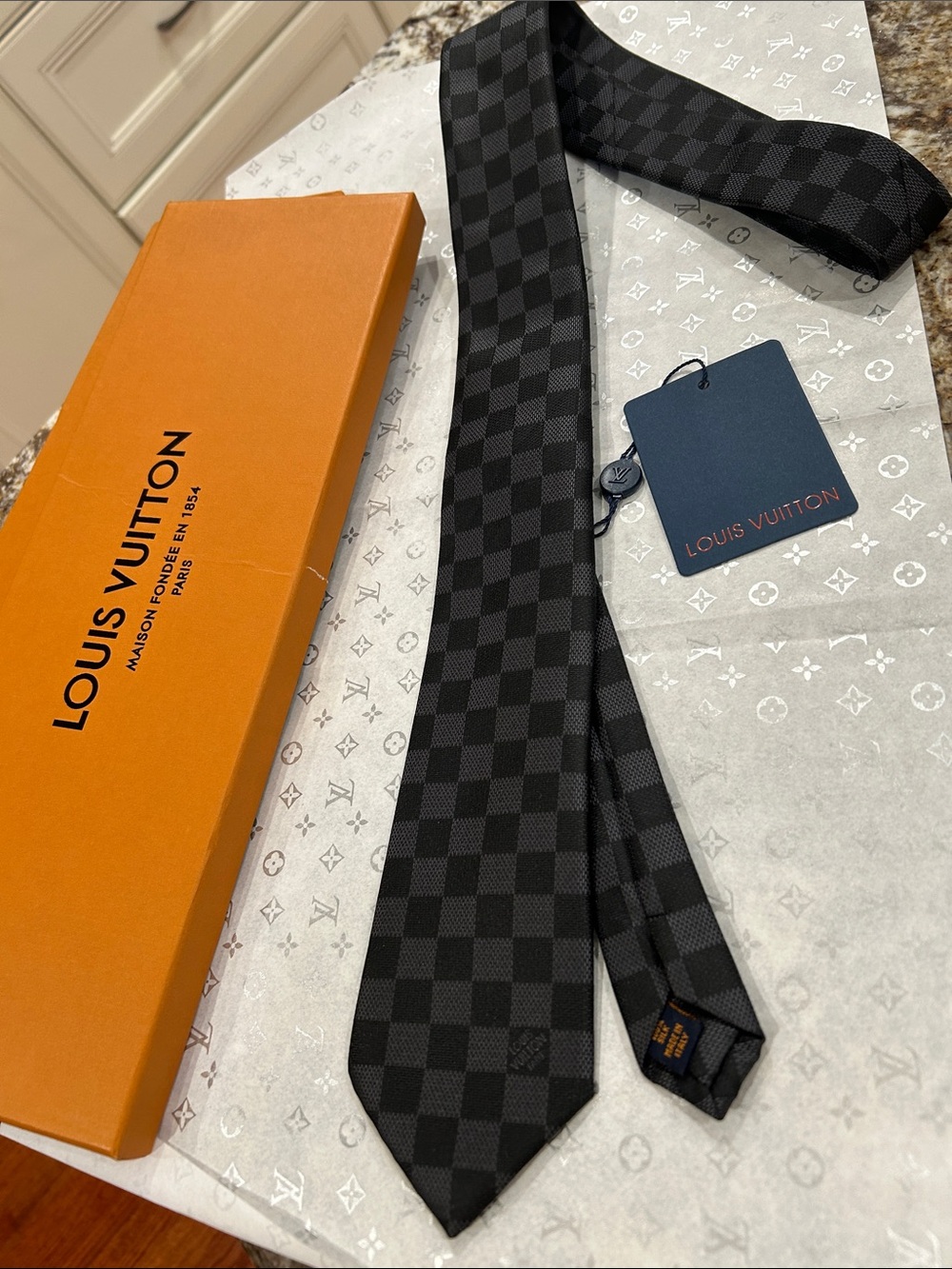 Louis Vuitton Black and Charcoal Damier Graphite Silk Tie
